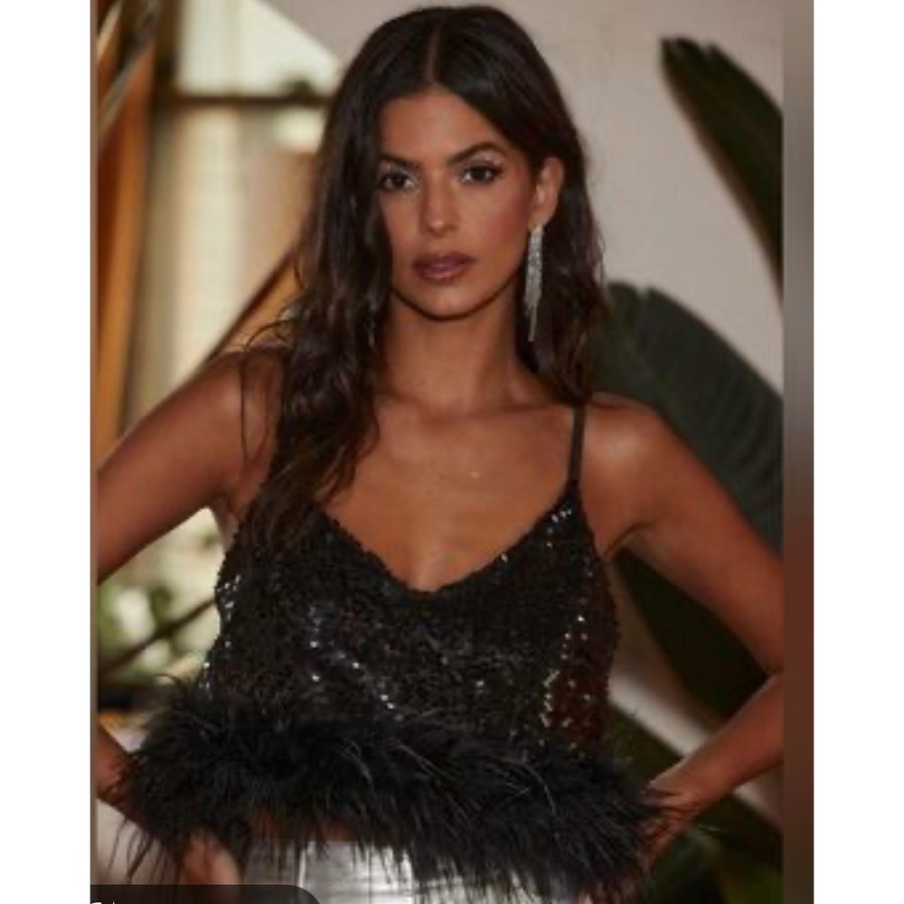 NWT 12th Tribe black sequin and maribu feather crop top size small
